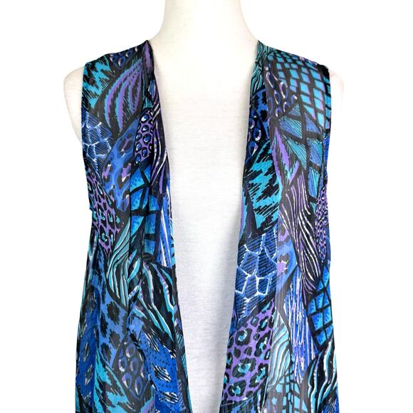 Bob Mackie Blue Purple Print Sheer Chiffon Sleeveless Western Layering Vest - Picture 4 of 10